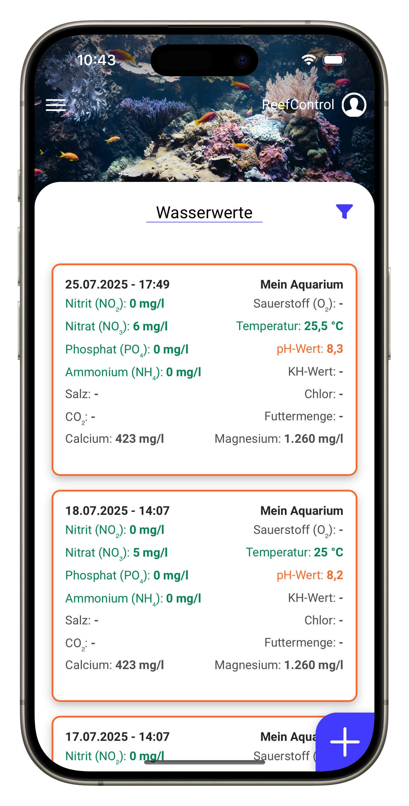 Wasserwerte eingetragen in der App